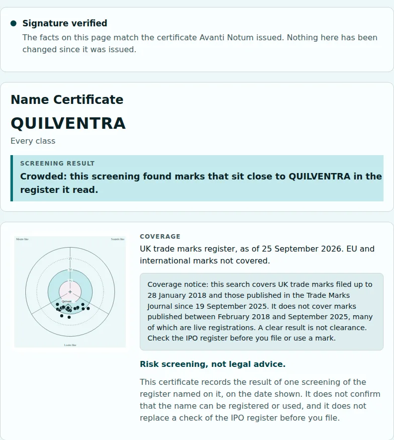 A certificate verification page: Signature verified, then a Name Certificate for an example name with a crowded result, its field, the coverage notice and the line Risk screening, not legal advice.
