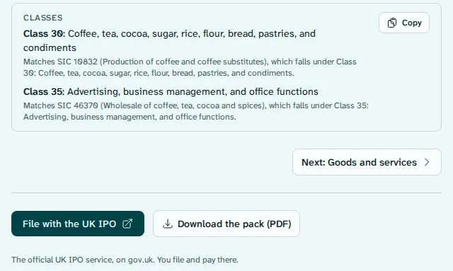 Part of a filing pack screen: a classes box listing class 30 and class 35 with the reason for each, a button reading File with the UK IPO, a download button, and the note that the official UK IPO service is on gov.uk and you file and pay there.