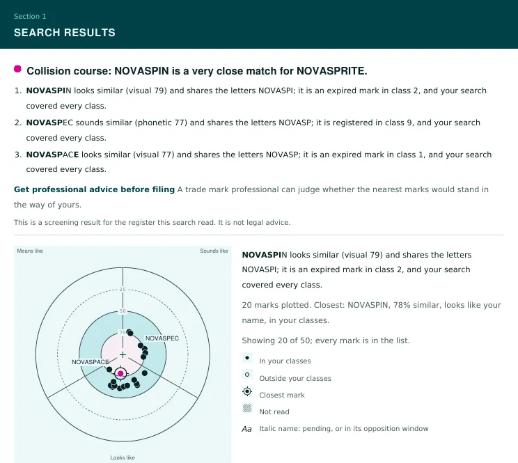 A page of a risk screening report: a Search results header, the verdict sentence with three reasons, the field with its key, a score bar across the three bands and the counts of marks in each band.