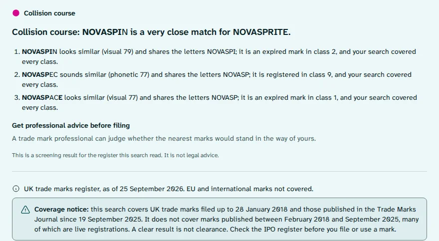 The verdict on a results page for an example search: a Collision course badge with a magenta dot, the headline sentence, three numbered reasons, a next step reading get professional advice before filing, the register date and a coverage notice.