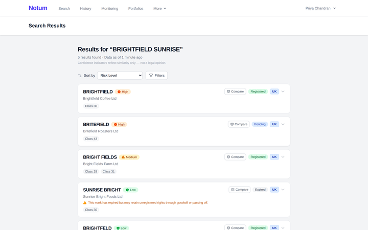 A list of scored search results for an illustrative mark, each row carrying its similarity score, risk band, register status and jurisdiction.